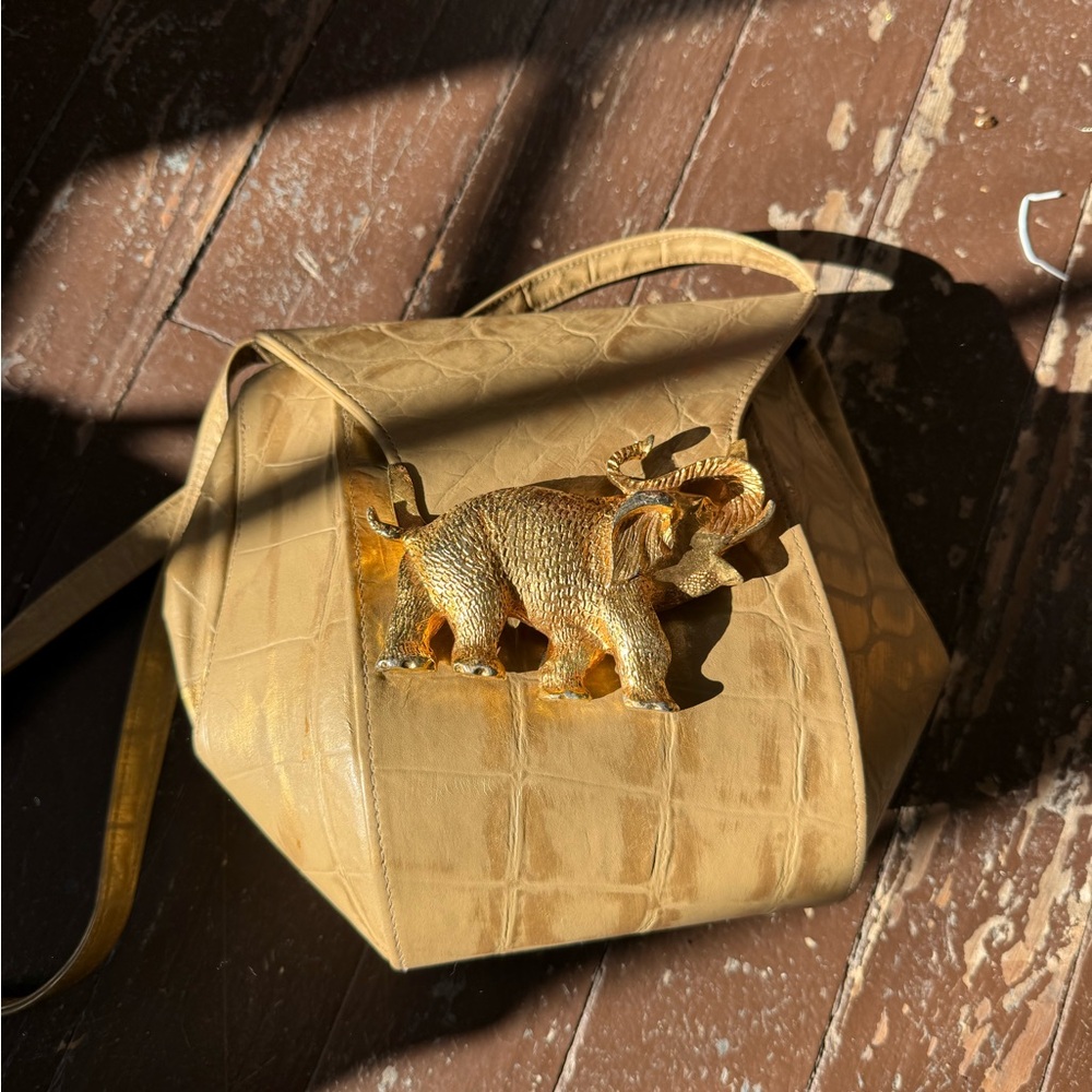 Atalla Handbags real leather Gold Crocodile Pattern Bag with Elephant Accent